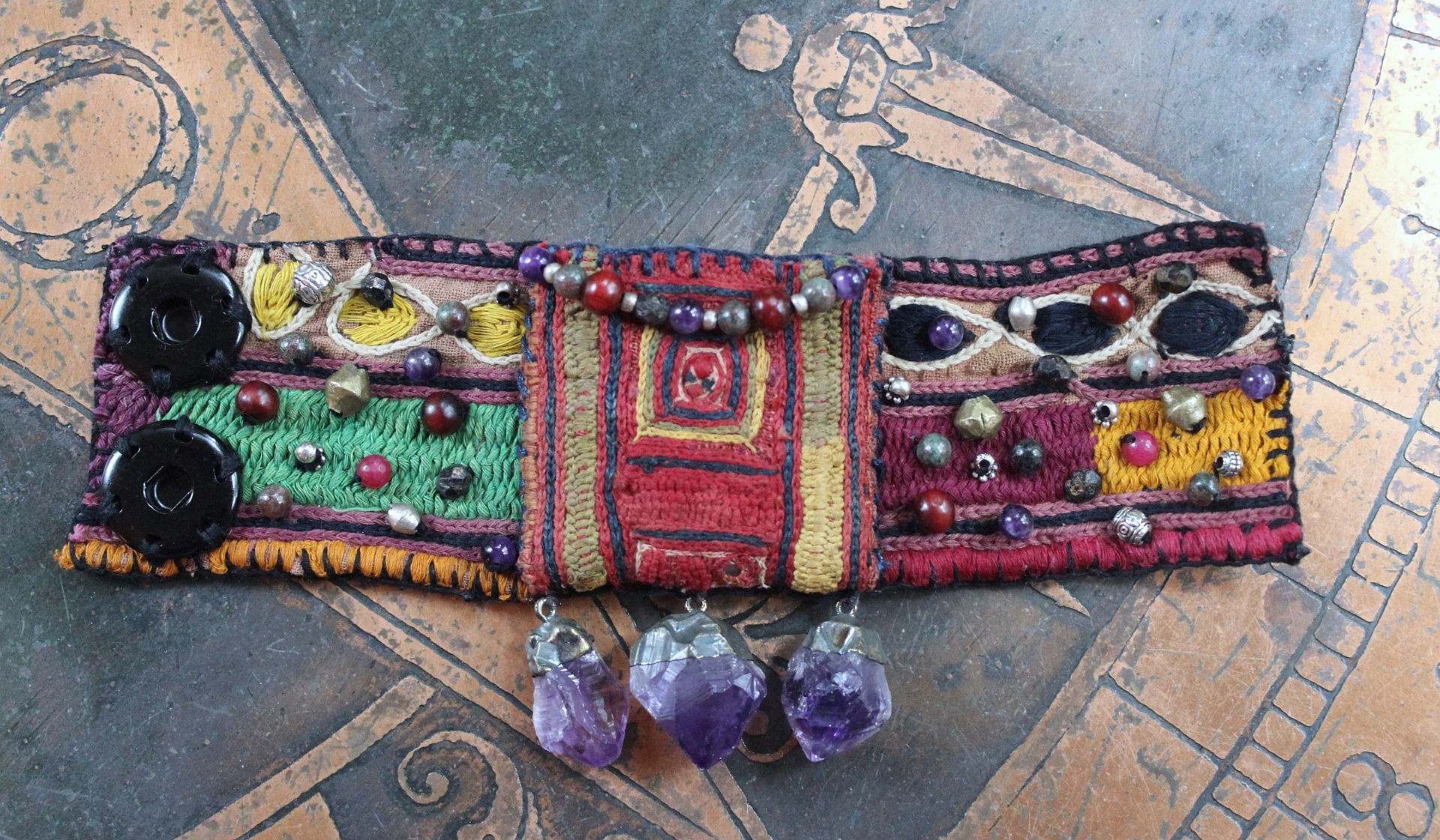 NEW! I am There Blessing Pouch Cuff with Antique Lambani Textile, Amethyst Point Drops, Multiple Beads & Prayer Card