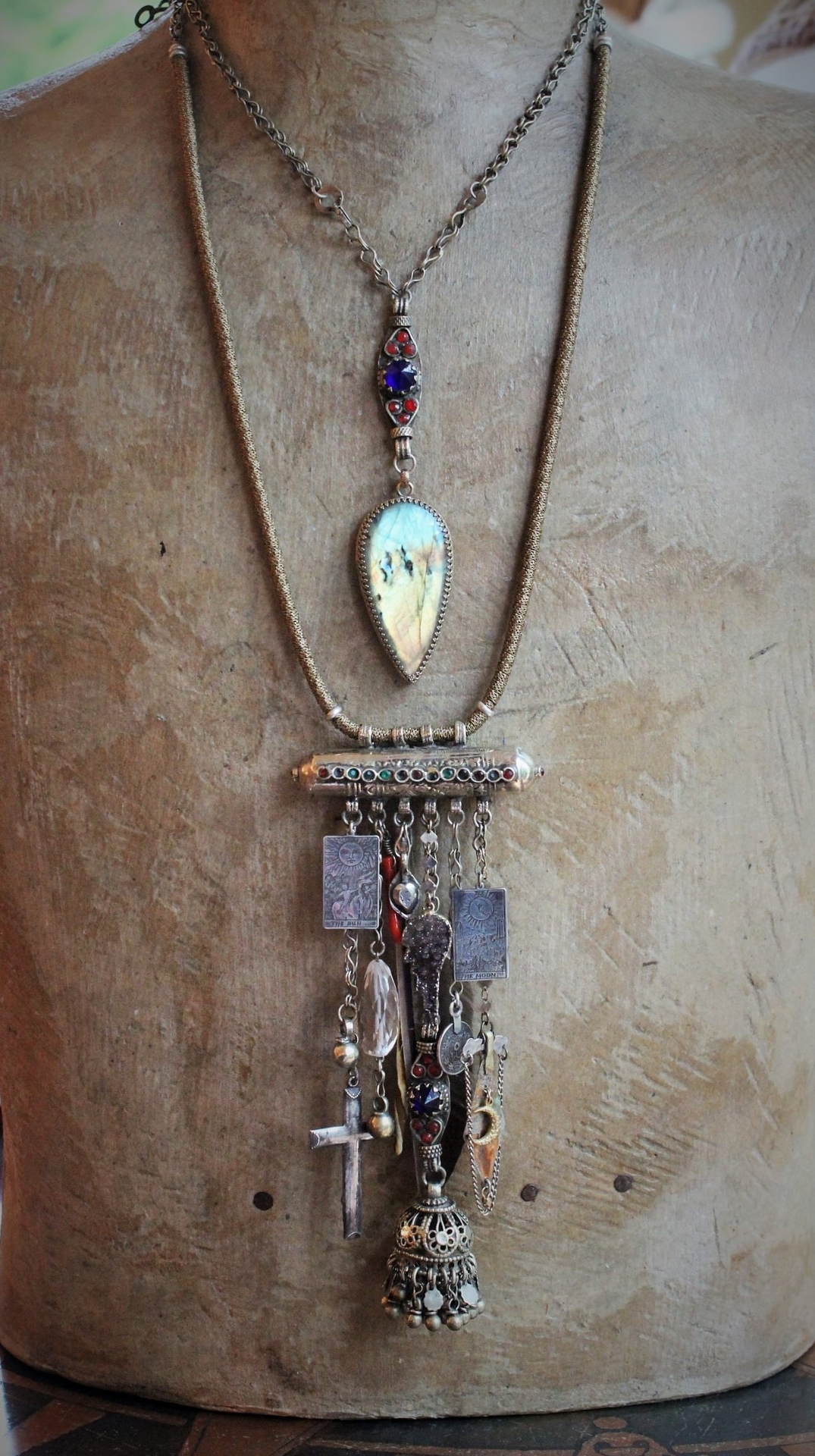 Celestial Gypsy Necklace Set w/AMAZING Labradorite Stone,Sterling Sun & Moon Tarot Medals,Amethyst Druzy Angel Wing,Antique Cross,Faceted Rock Crystal & Much More!