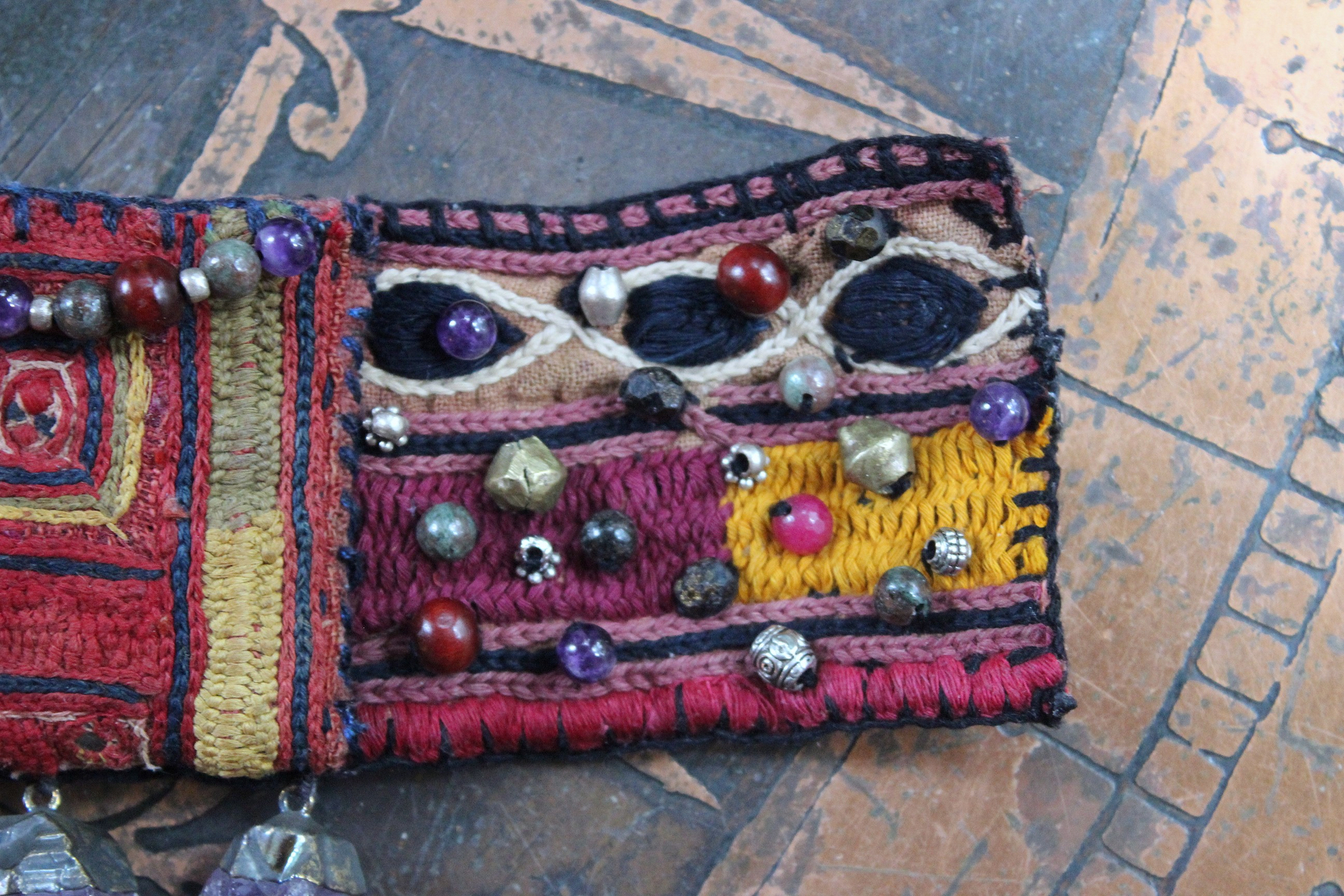 NEW! I am There Blessing Pouch Cuff with Antique Lambani Textile, Amethyst Point Drops, Multiple Beads & Prayer Card