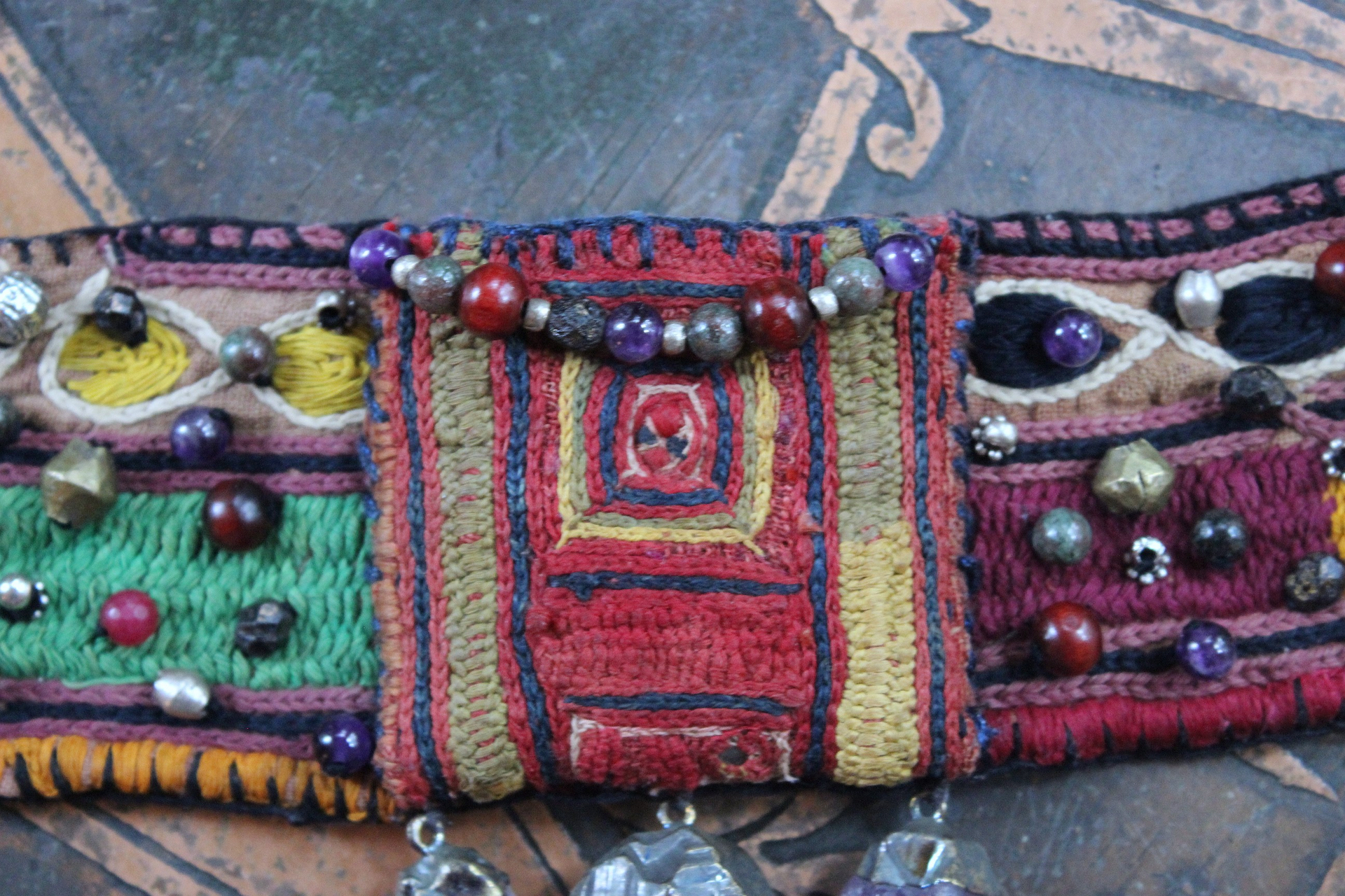 NEW! I am There Blessing Pouch Cuff with Antique Lambani Textile, Amethyst Point Drops, Multiple Beads & Prayer Card