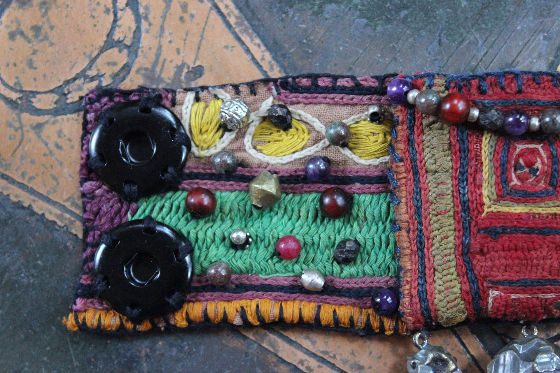 NEW! I am There Blessing Pouch Cuff with Antique Lambani Textile, Amethyst Point Drops, Multiple Beads & Prayer Card