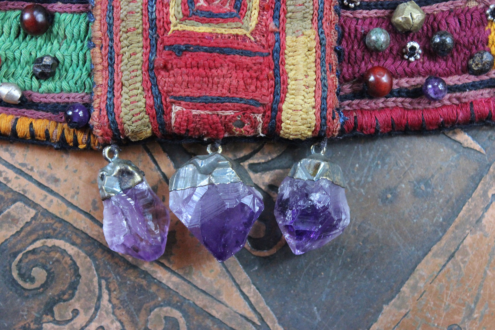 NEW! I am There Blessing Pouch Cuff with Antique Lambani Textile, Amethyst Point Drops, Multiple Beads & Prayer Card