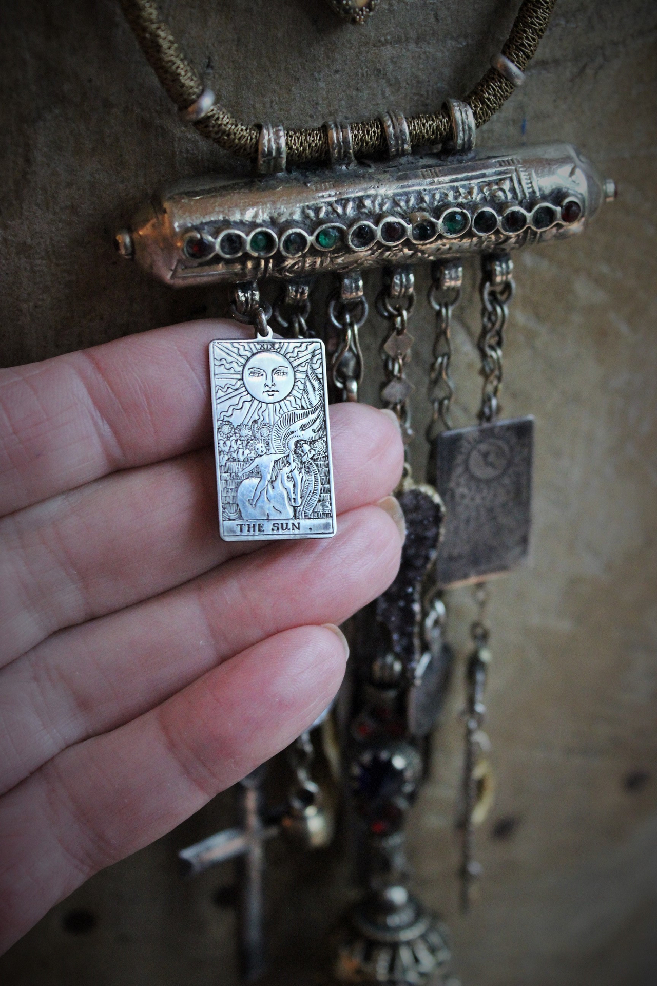 Celestial Gypsy Necklace Set w/AMAZING Labradorite Stone,Sterling Sun & Moon Tarot Medals,Amethyst Druzy Angel Wing,Antique Cross,Faceted Rock Crystal & Much More!