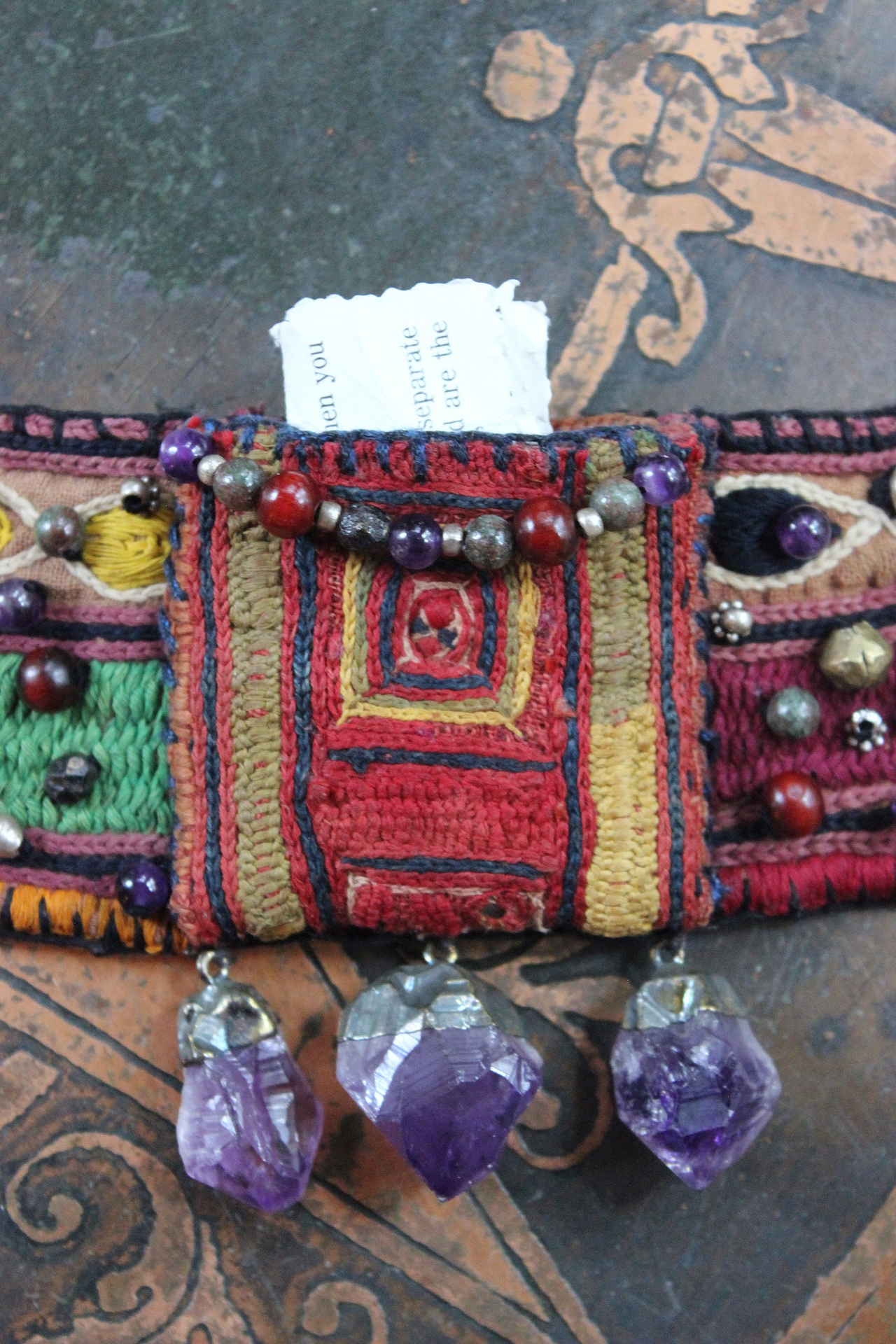 NEW! I am There Blessing Pouch Cuff with Antique Lambani Textile, Amethyst Point Drops, Multiple Beads & Prayer Card