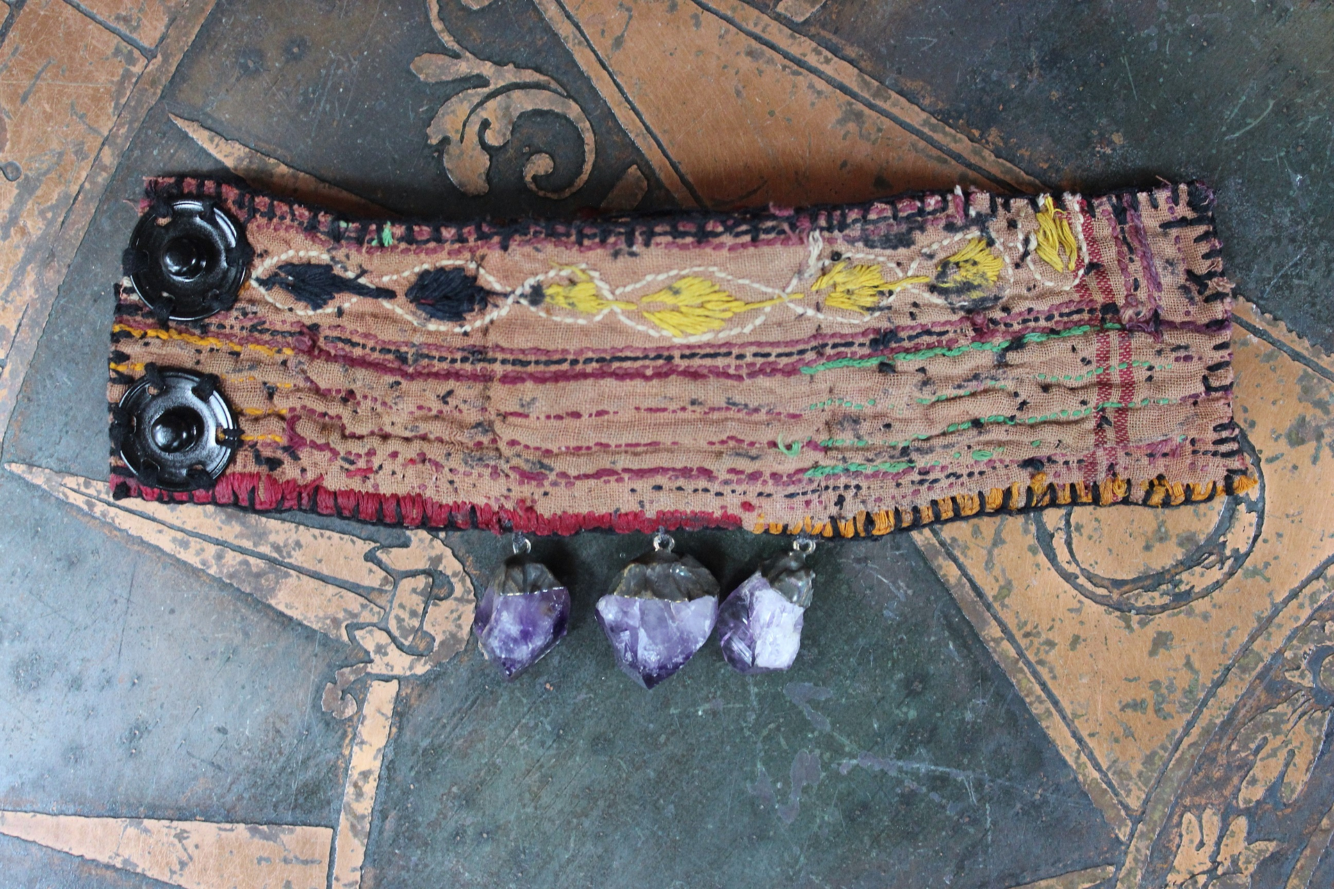 NEW! I am There Blessing Pouch Cuff with Antique Lambani Textile, Amethyst Point Drops, Multiple Beads & Prayer Card