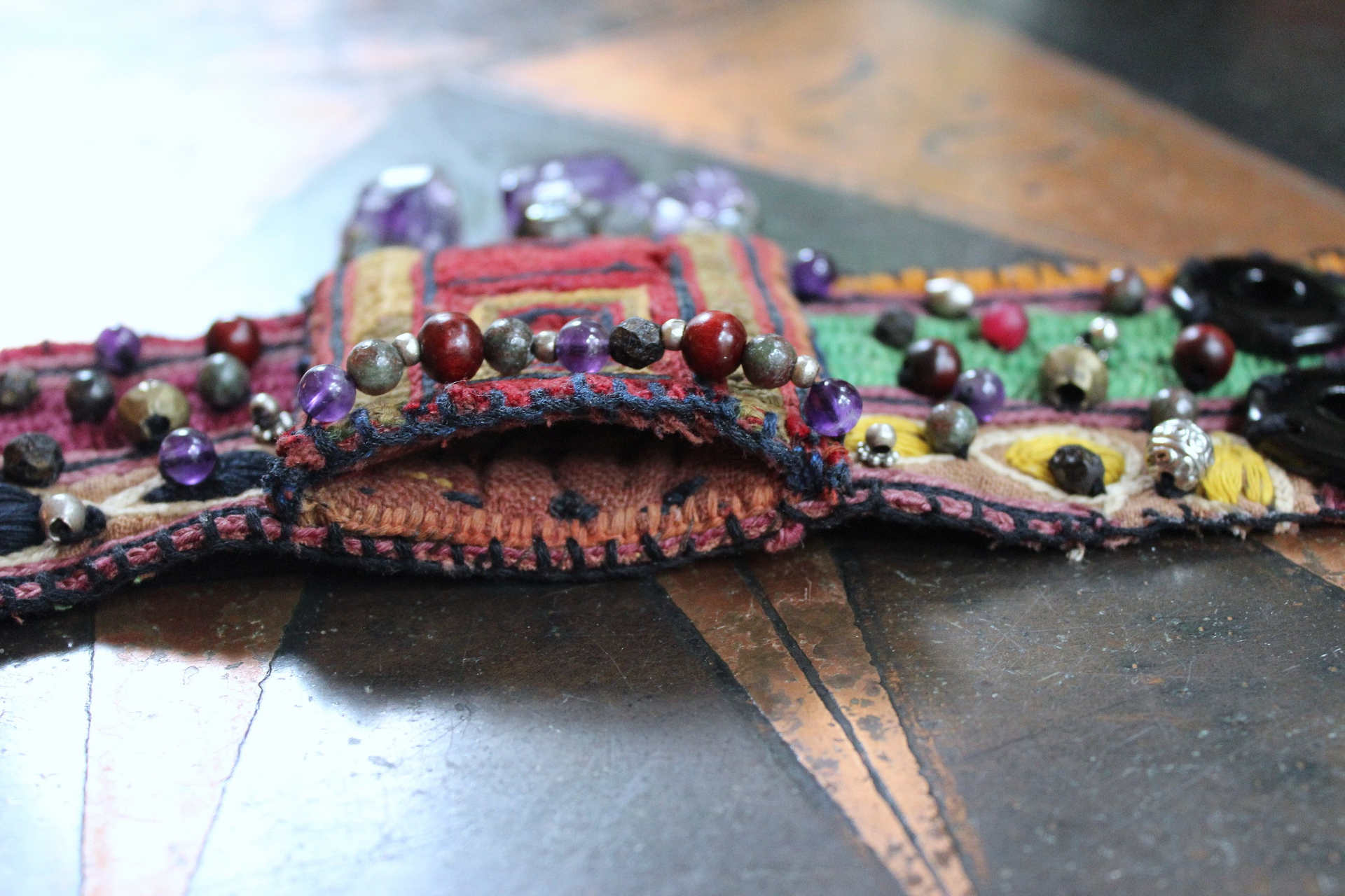 NEW! I am There Blessing Pouch Cuff with Antique Lambani Textile, Amethyst Point Drops, Multiple Beads & Prayer Card