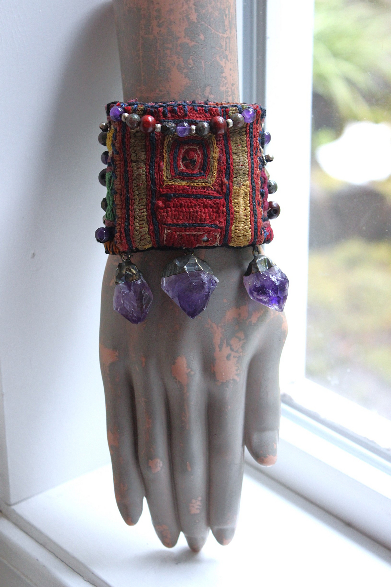 NEW! I am There Blessing Pouch Cuff with Antique Lambani Textile, Amethyst Point Drops, Multiple Beads & Prayer Card
