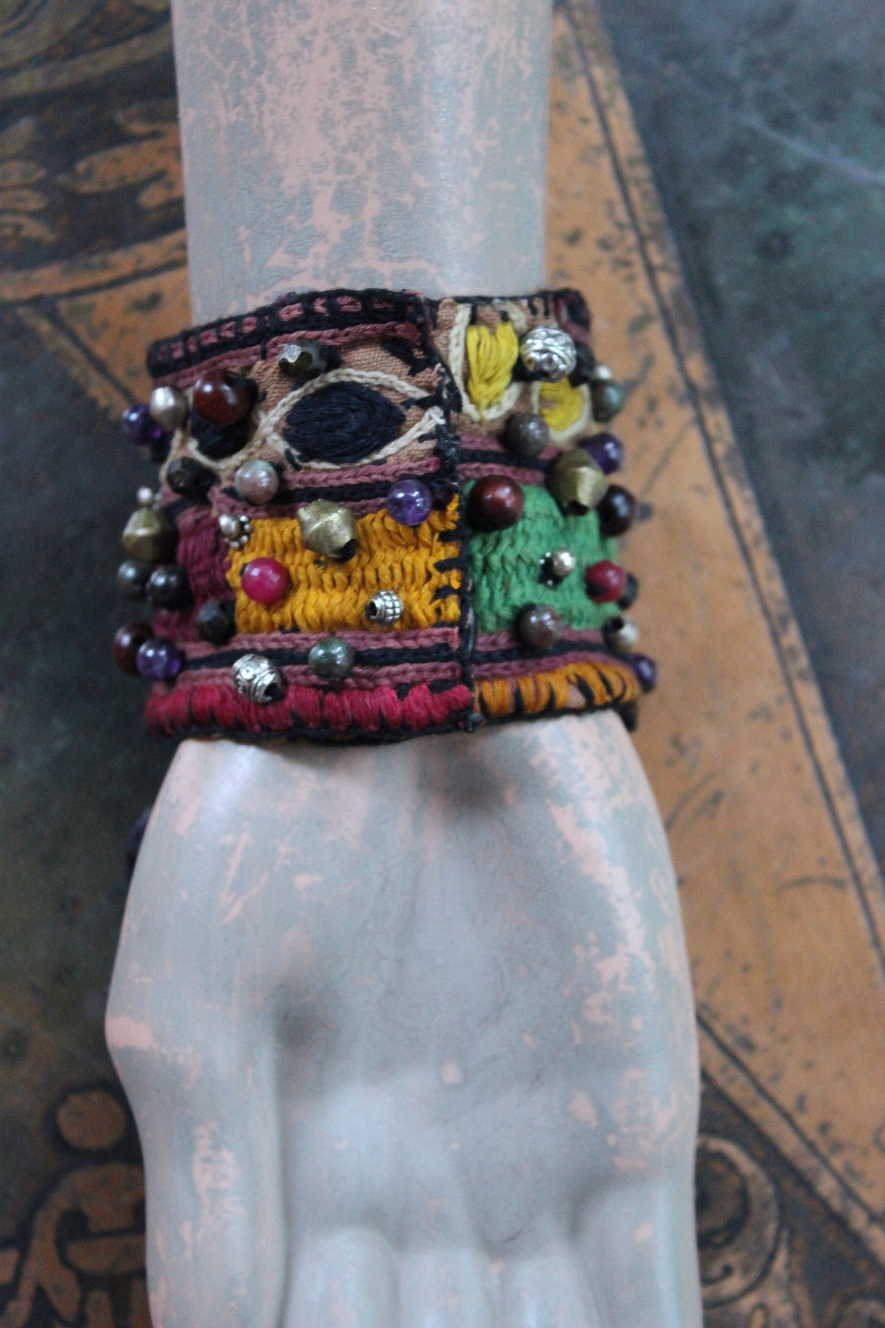 NEW! I am There Blessing Pouch Cuff with Antique Lambani Textile, Amethyst Point Drops, Multiple Beads & Prayer Card