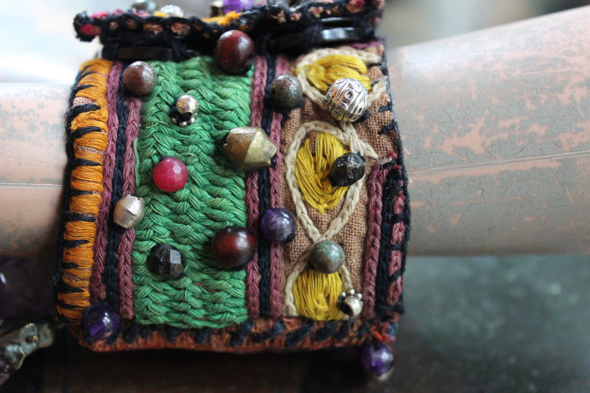 NEW! I am There Blessing Pouch Cuff with Antique Lambani Textile, Amethyst Point Drops, Multiple Beads & Prayer Card
