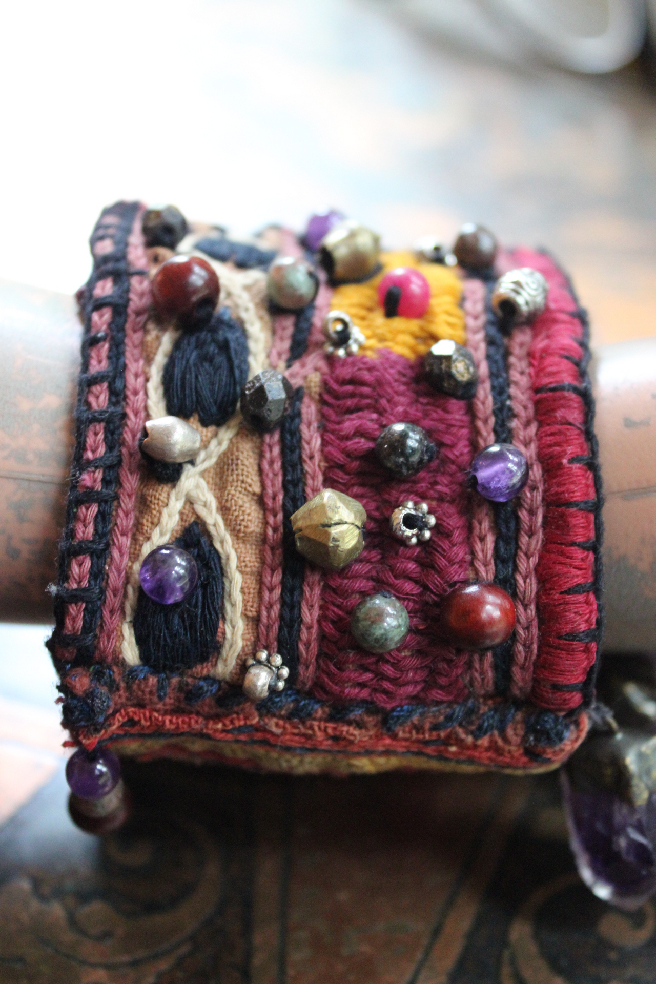NEW! I am There Blessing Pouch Cuff with Antique Lambani Textile, Amethyst Point Drops, Multiple Beads & Prayer Card
