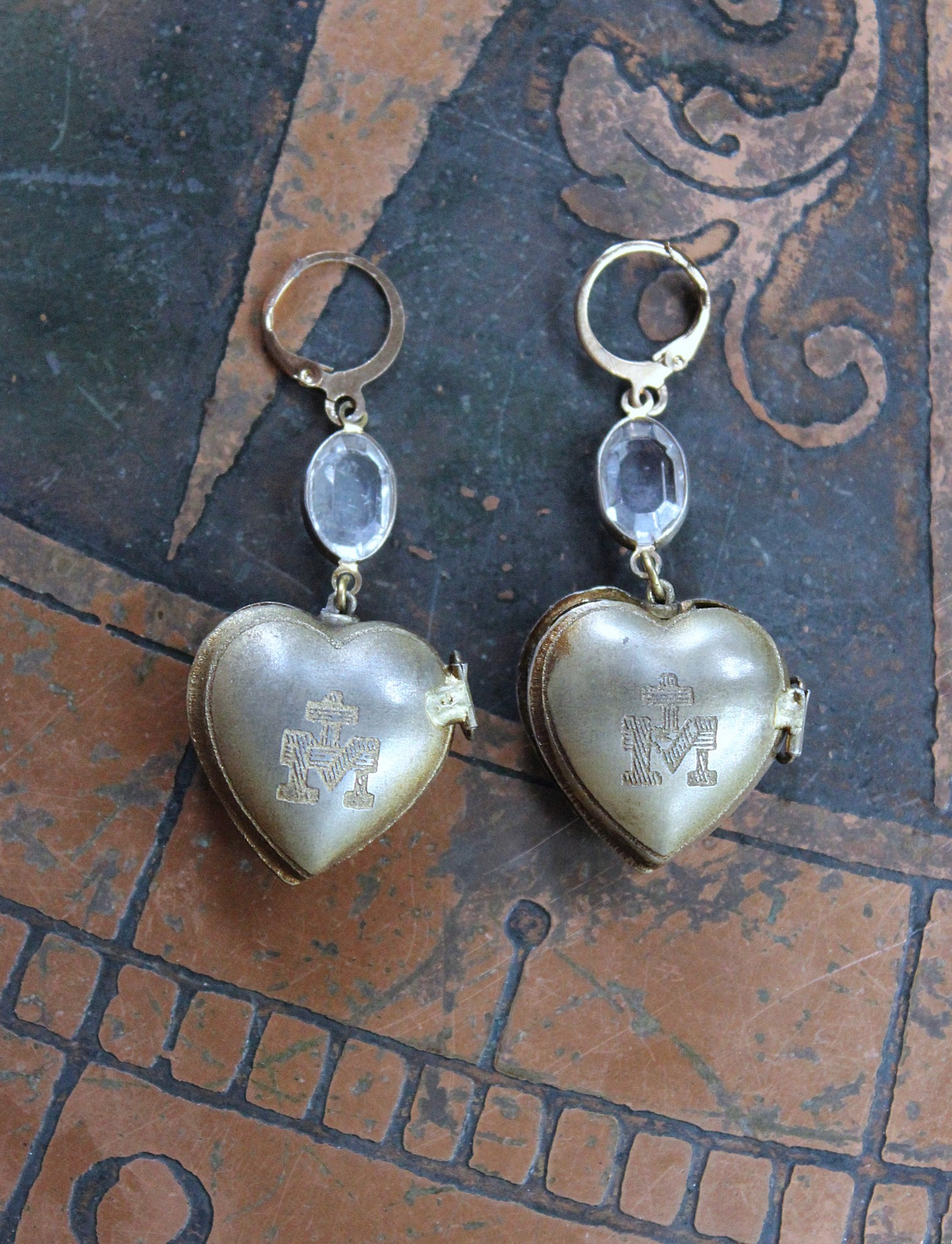 NEW! Petite Vintage Ex Voto Locket Earrings with Vintage Oval Bezel Set Crystal Connectors