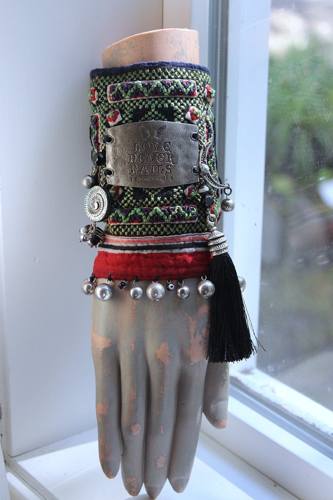 NEW! Love never Fails Cuff Bracelet with Antique Textile,Engraved Plaque,Sterling Moon,Silk Tassel, Shell Labryrinth, Silver Beads & More!