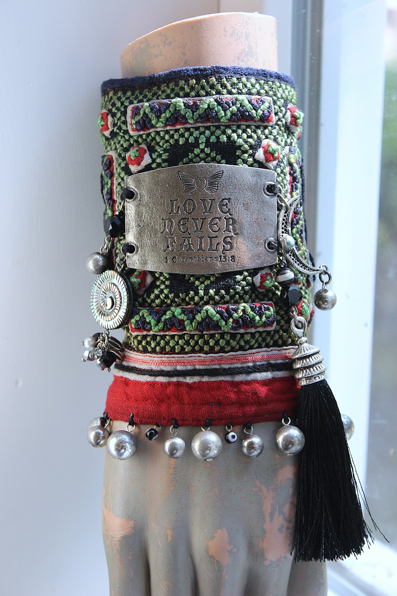 NEW! Love never Fails Cuff Bracelet with Antique Textile,Engraved Plaque,Sterling Moon,Silk Tassel, Shell Labryrinth, Silver Beads & More!
