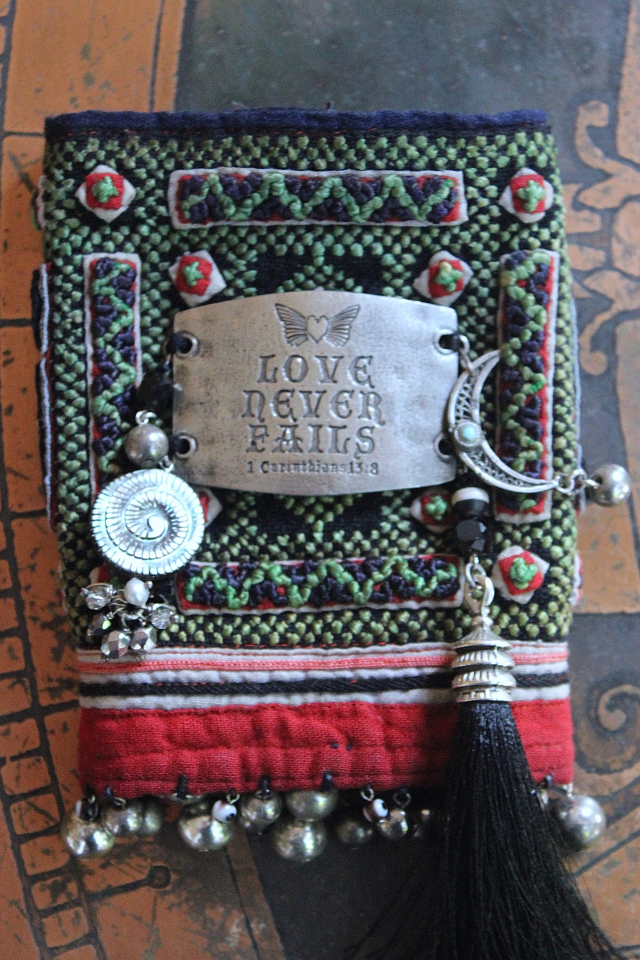 NEW! Love never Fails Cuff Bracelet with Antique Textile,Engraved Plaque,Sterling Moon,Silk Tassel, Shell Labryrinth, Silver Beads & More!