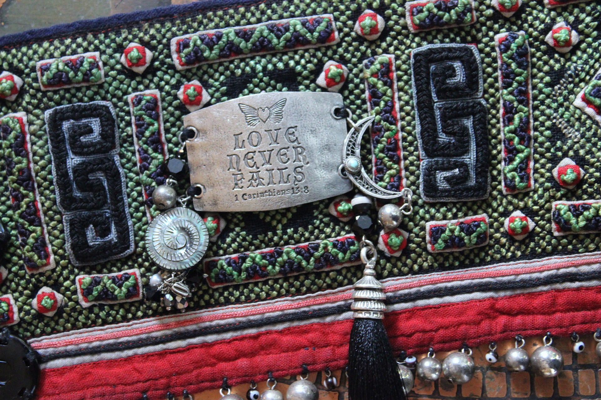 NEW! Love never Fails Cuff Bracelet with Antique Textile,Engraved Plaque,Sterling Moon,Silk Tassel, Shell Labryrinth, Silver Beads & More!