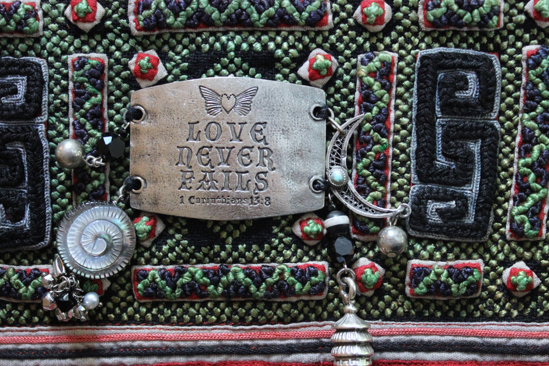 NEW! Love never Fails Cuff Bracelet with Antique Textile,Engraved Plaque,Sterling Moon,Silk Tassel, Shell Labryrinth, Silver Beads & More!