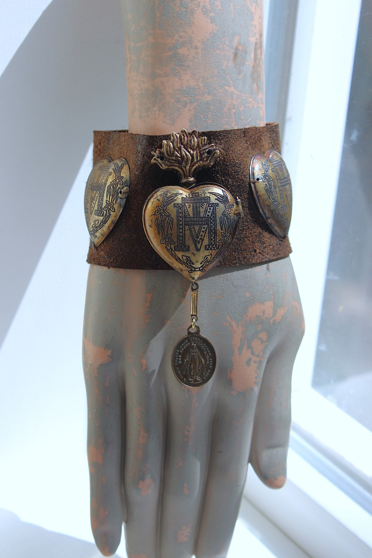 NEW! Vintage Ex Voto Cuff Bracelet with Flaming Sacred Heart Ex Voto Locket, Antique French Mother Mary Medal, 4 Ex Voto Hearts
