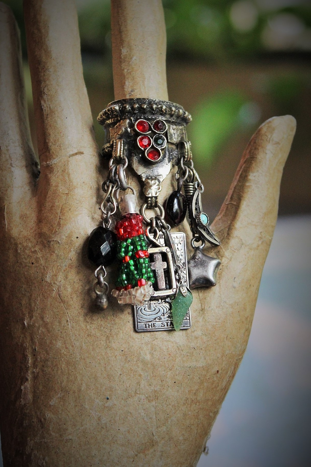 NEW! Antique Gypsy Ring w/Sterling 'The Star' Tarot Medal,Sterling Cross,Sterling Moon & Star + Much More!