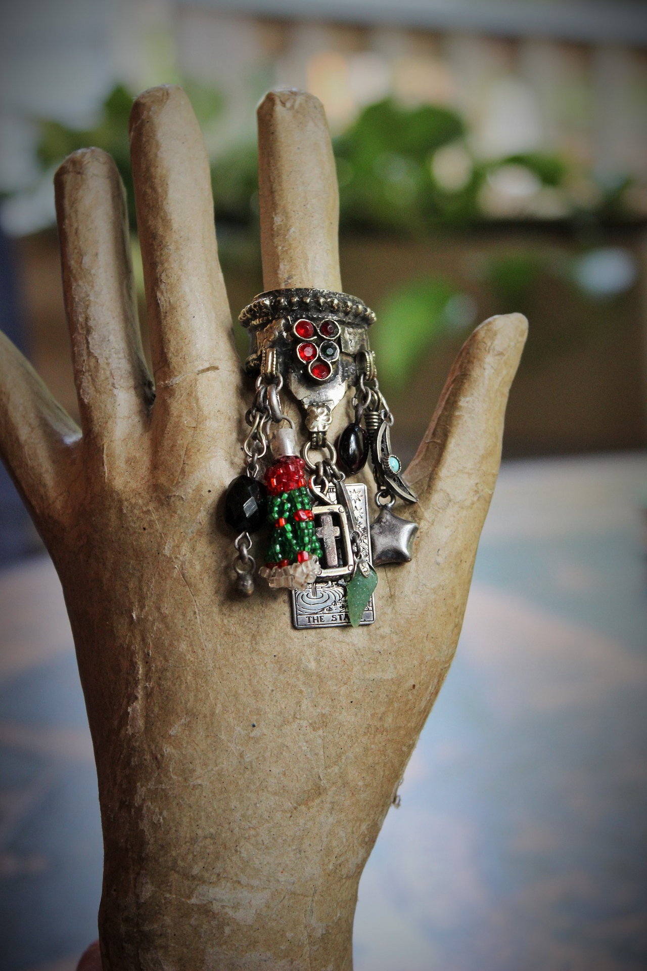 NEW! Antique Gypsy Ring w/Sterling 'The Star' Tarot Medal,Sterling Cross,Sterling Moon & Star + Much More!