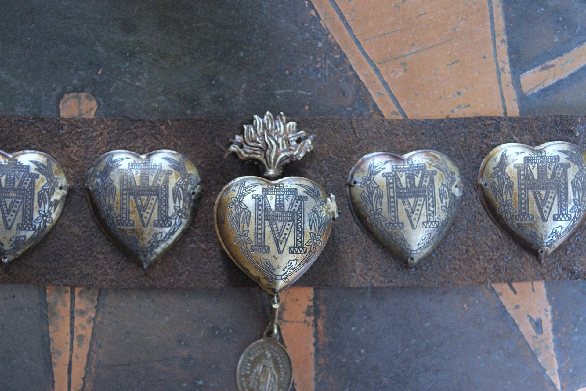 NEW! Vintage Ex Voto Cuff Bracelet with Flaming Sacred Heart Ex Voto Locket, Antique French Mother Mary Medal, 4 Ex Voto Hearts