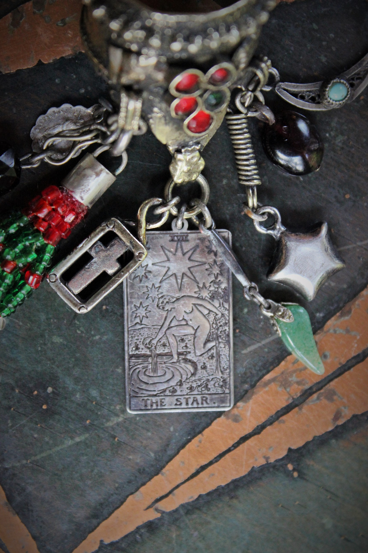 NEW! Antique Gypsy Ring w/Sterling 'The Star' Tarot Medal,Sterling Cross,Sterling Moon & Star + Much More!