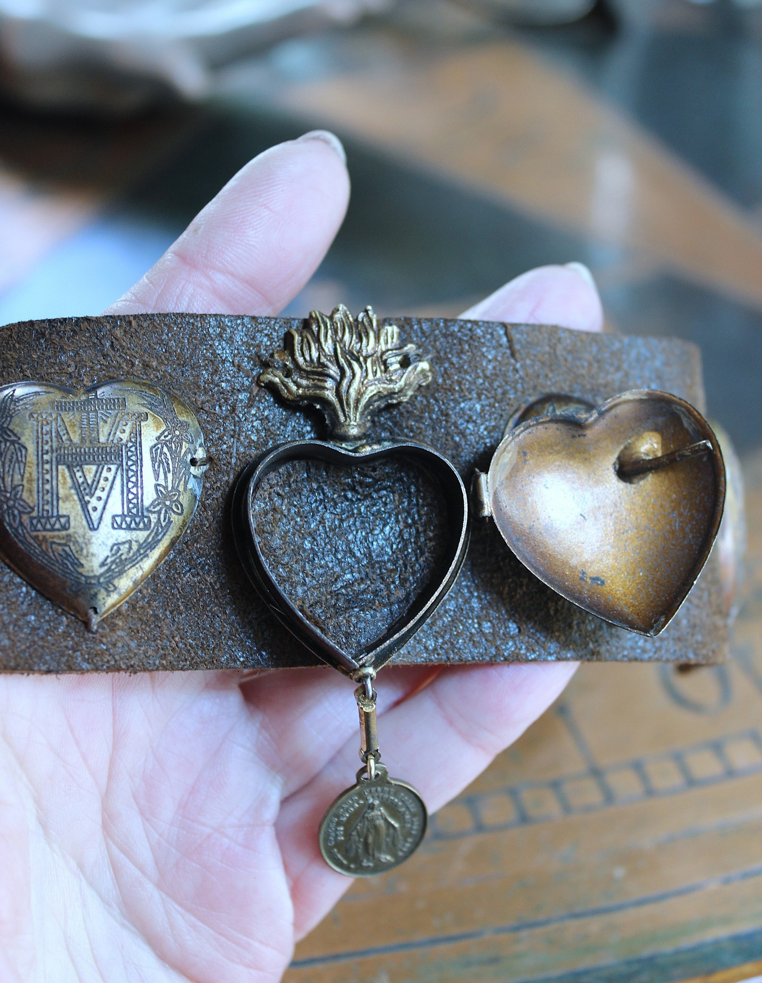 NEW! Vintage Ex Voto Cuff Bracelet with Flaming Sacred Heart Ex Voto Locket, Antique French Mother Mary Medal, 4 Ex Voto Hearts