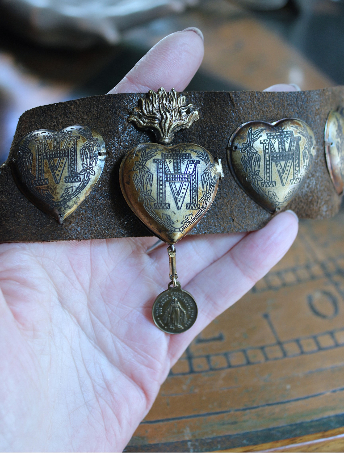 NEW! Vintage Ex Voto Cuff Bracelet with Flaming Sacred Heart Ex Voto Locket, Antique French Mother Mary Medal, 4 Ex Voto Hearts