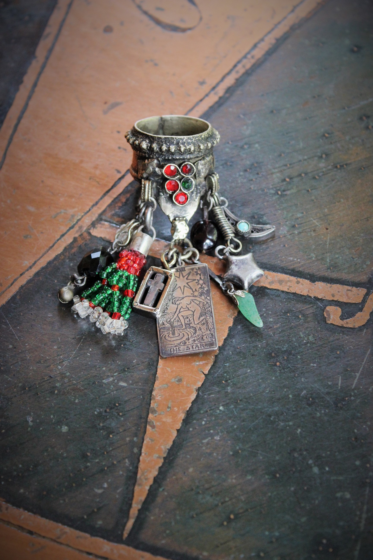 NEW! Antique Gypsy Ring w/Sterling 'The Star' Tarot Medal,Sterling Cross,Sterling Moon & Star + Much More!