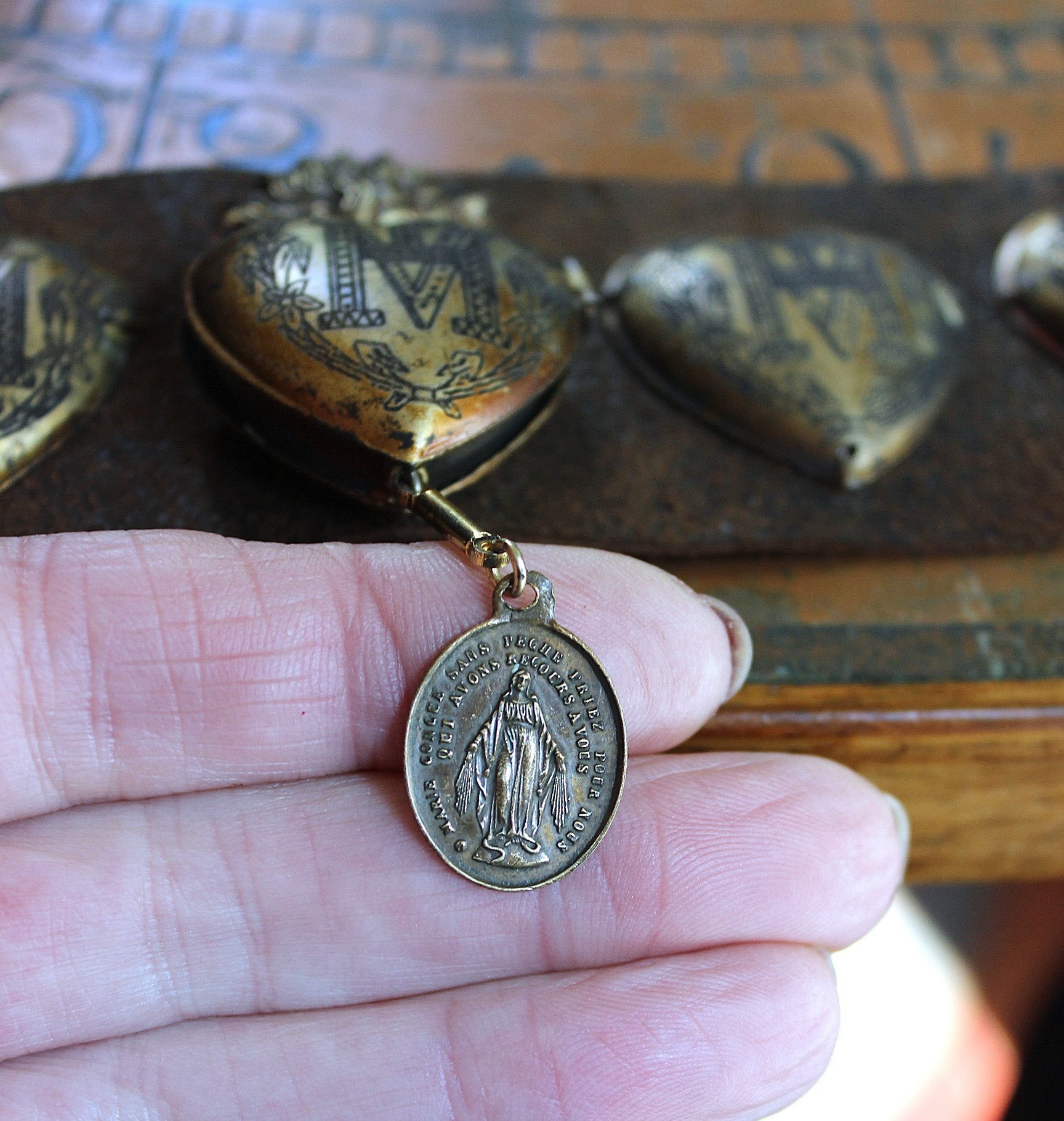 NEW! Vintage Ex Voto Cuff Bracelet with Flaming Sacred Heart Ex Voto Locket, Antique French Mother Mary Medal, 4 Ex Voto Hearts