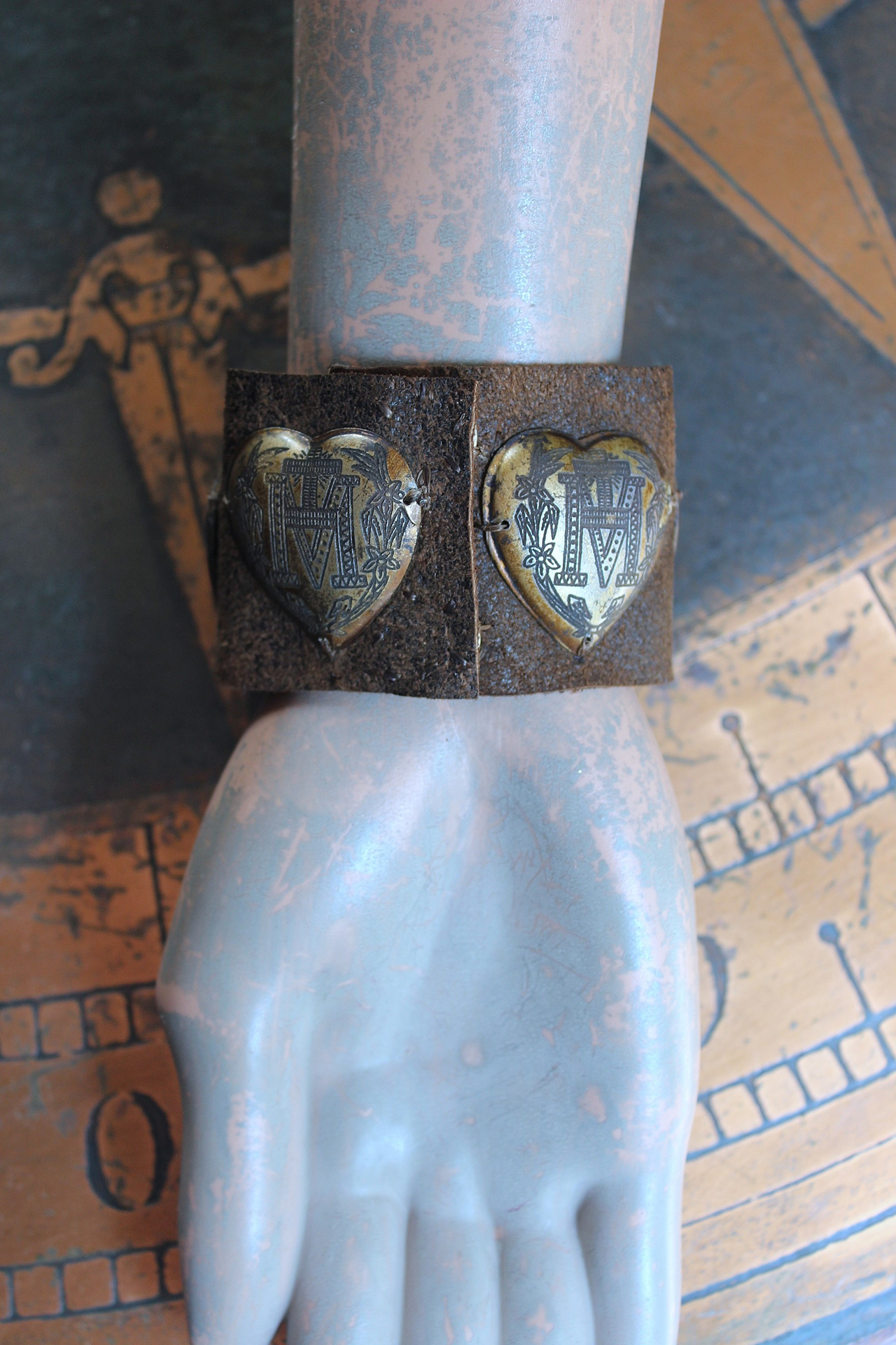 NEW! Vintage Ex Voto Cuff Bracelet with Flaming Sacred Heart Ex Voto Locket, Antique French Mother Mary Medal, 4 Ex Voto Hearts