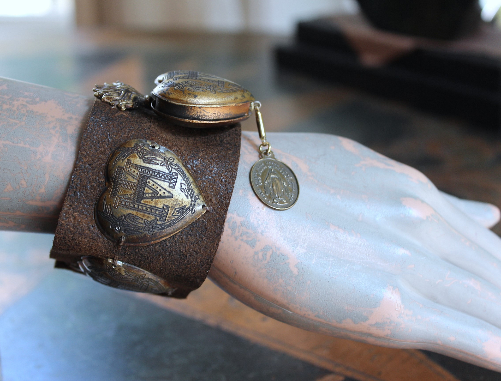 NEW! Vintage Ex Voto Cuff Bracelet with Flaming Sacred Heart Ex Voto Locket, Antique French Mother Mary Medal, 4 Ex Voto Hearts
