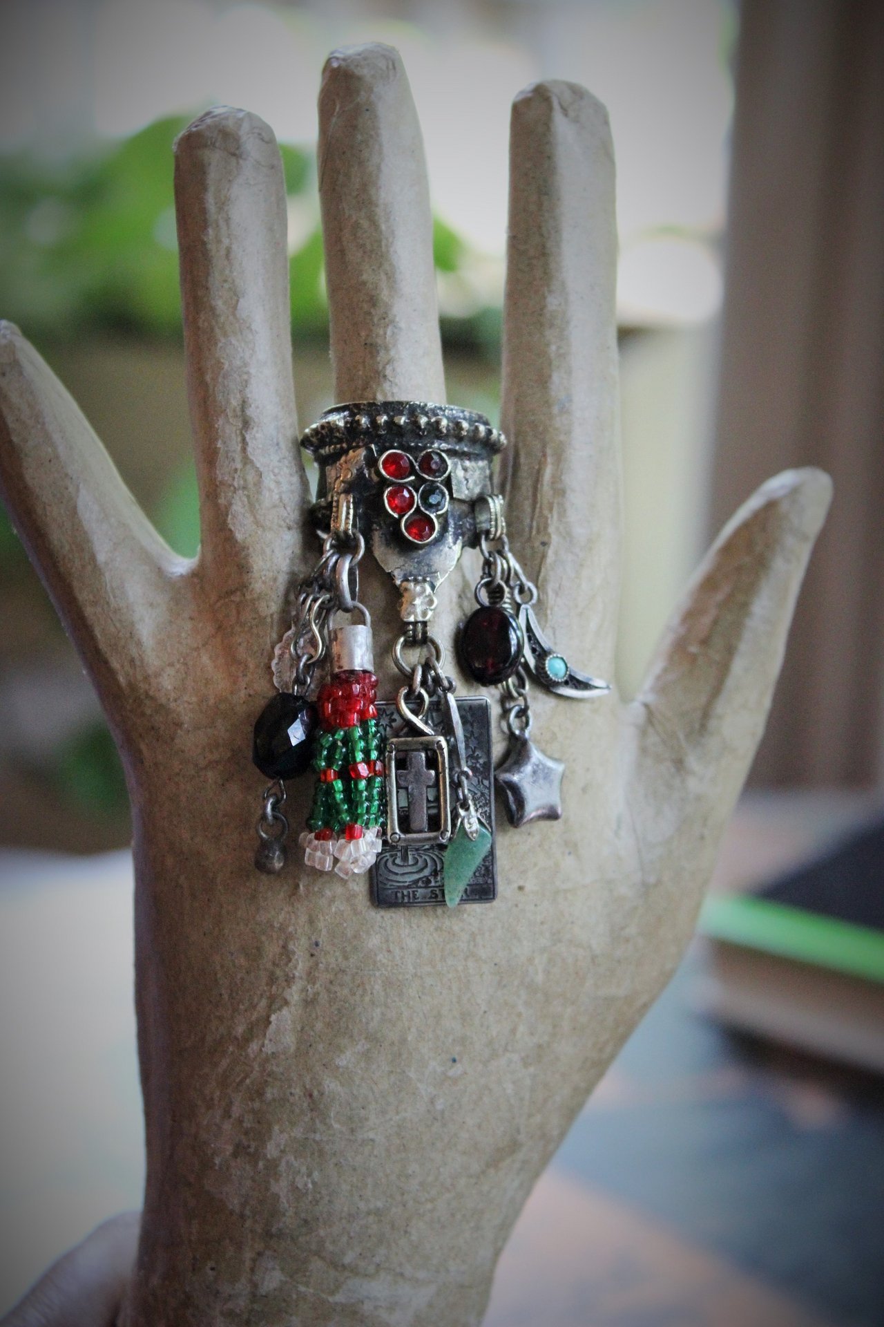 NEW! Antique Gypsy Ring w/Sterling 'The Star' Tarot Medal,Sterling Cross,Sterling Moon & Star + Much More!