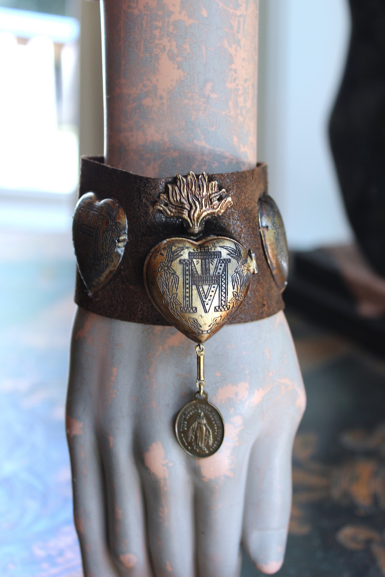 NEW! Vintage Ex Voto Cuff Bracelet with Flaming Sacred Heart Ex Voto Locket, Antique French Mother Mary Medal, 4 Ex Voto Hearts