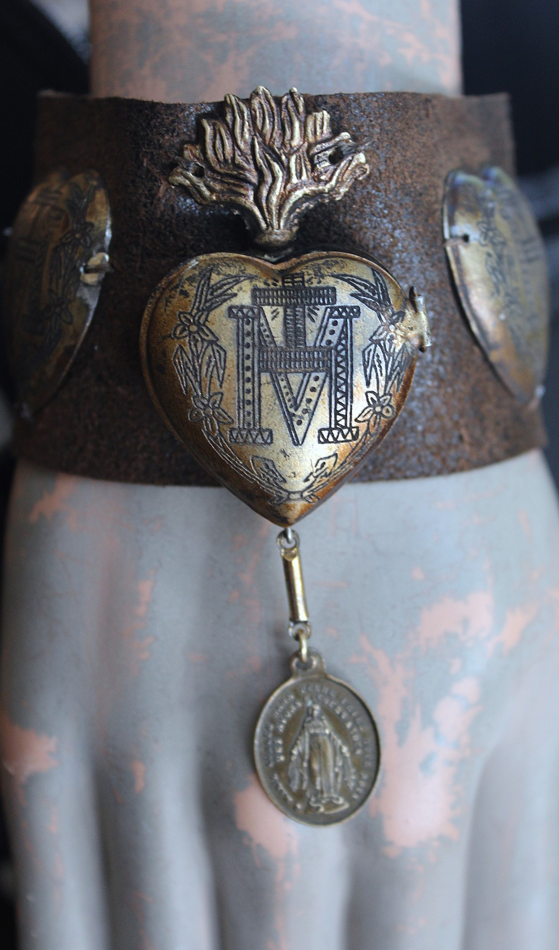 NEW! Vintage Ex Voto Cuff Bracelet with Flaming Sacred Heart Ex Voto Locket, Antique French Mother Mary Medal, 4 Ex Voto Hearts
