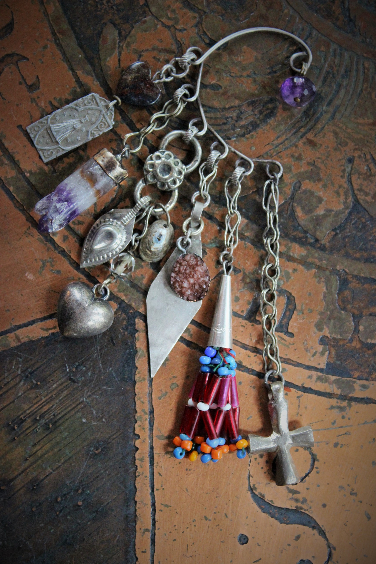 NEW! Gypsy Spirit Sterling Behind the Ear Cuff w/Garnet Heart,Sterling Capped Banjara Bead Tassel,Puffy Heart,Sterling 4 Way Cross,Polished Amethyst Druzy & More!