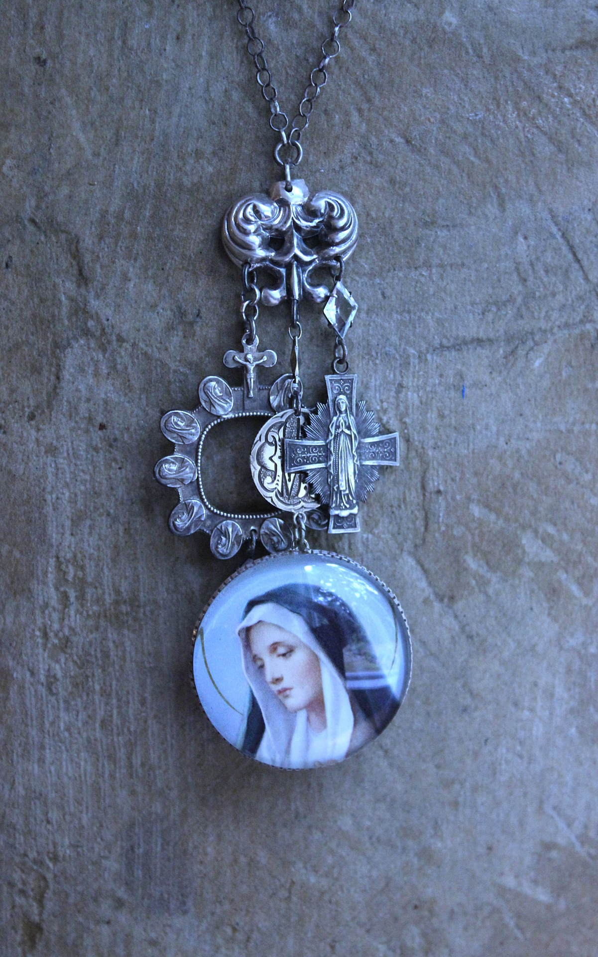 NEW! You Called me Mother Necklace w/Antique Holy Card Glass Pendant,Rare Sterling Antique Thumb Rosary, Rare Antique French Mary Medal & More!