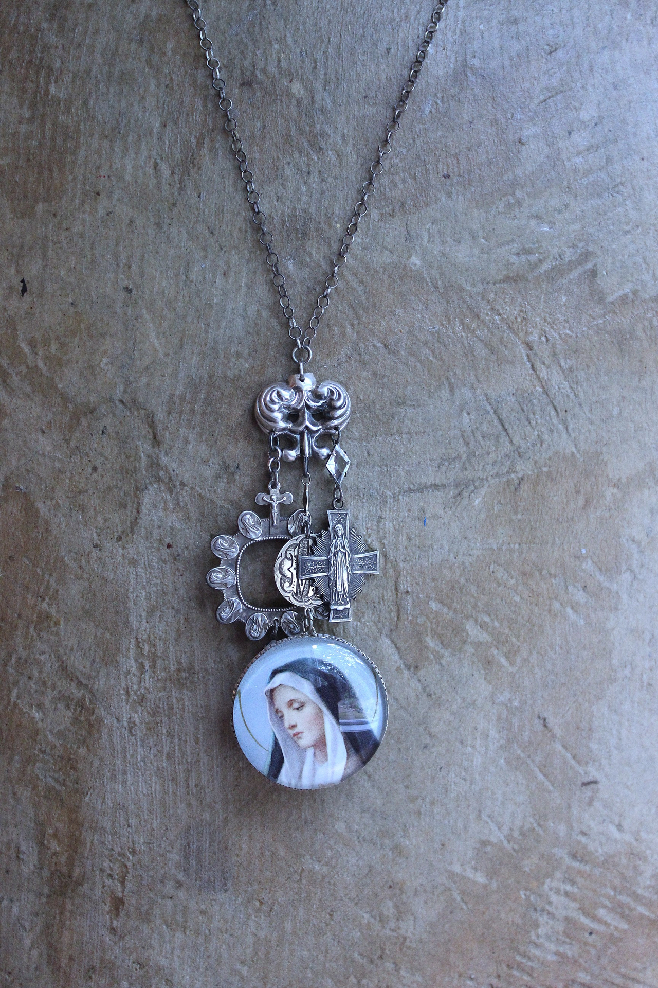 NEW! You Called me Mother Necklace w/Antique Holy Card Glass Pendant,Rare Sterling Antique Thumb Rosary, Rare Antique French Mary Medal & More!