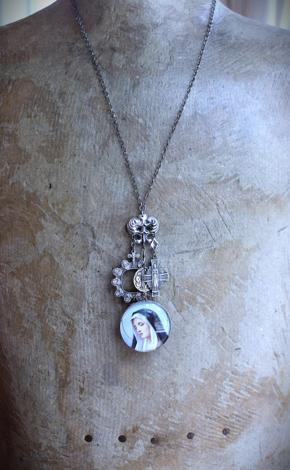 NEW! You Called me Mother Necklace w/Antique Holy Card Glass Pendant,Rare Sterling Antique Thumb Rosary, Rare Antique French Mary Medal & More!
