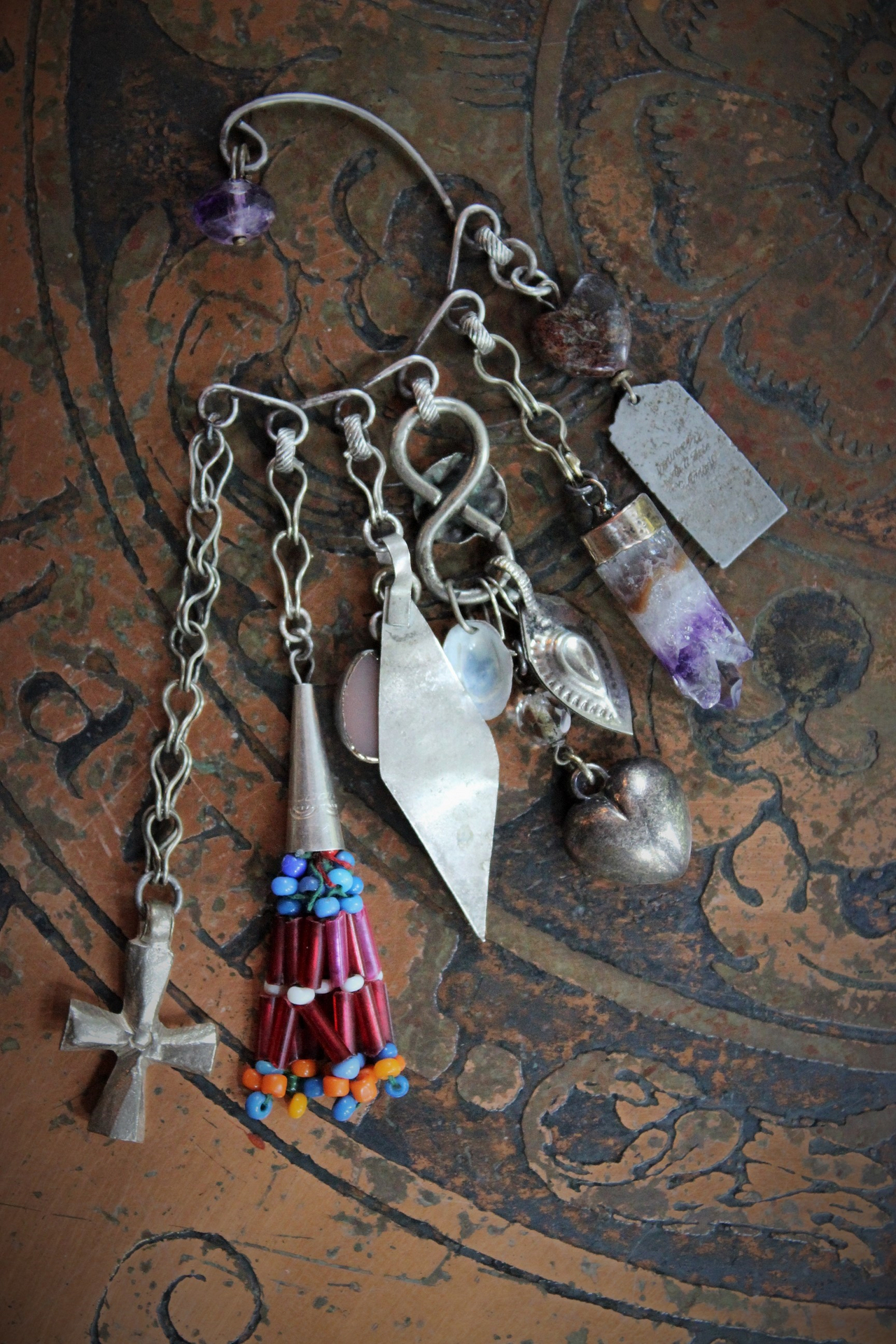 NEW! Gypsy Spirit Sterling Behind the Ear Cuff w/Garnet Heart,Sterling Capped Banjara Bead Tassel,Puffy Heart,Sterling 4 Way Cross,Polished Amethyst Druzy & More!