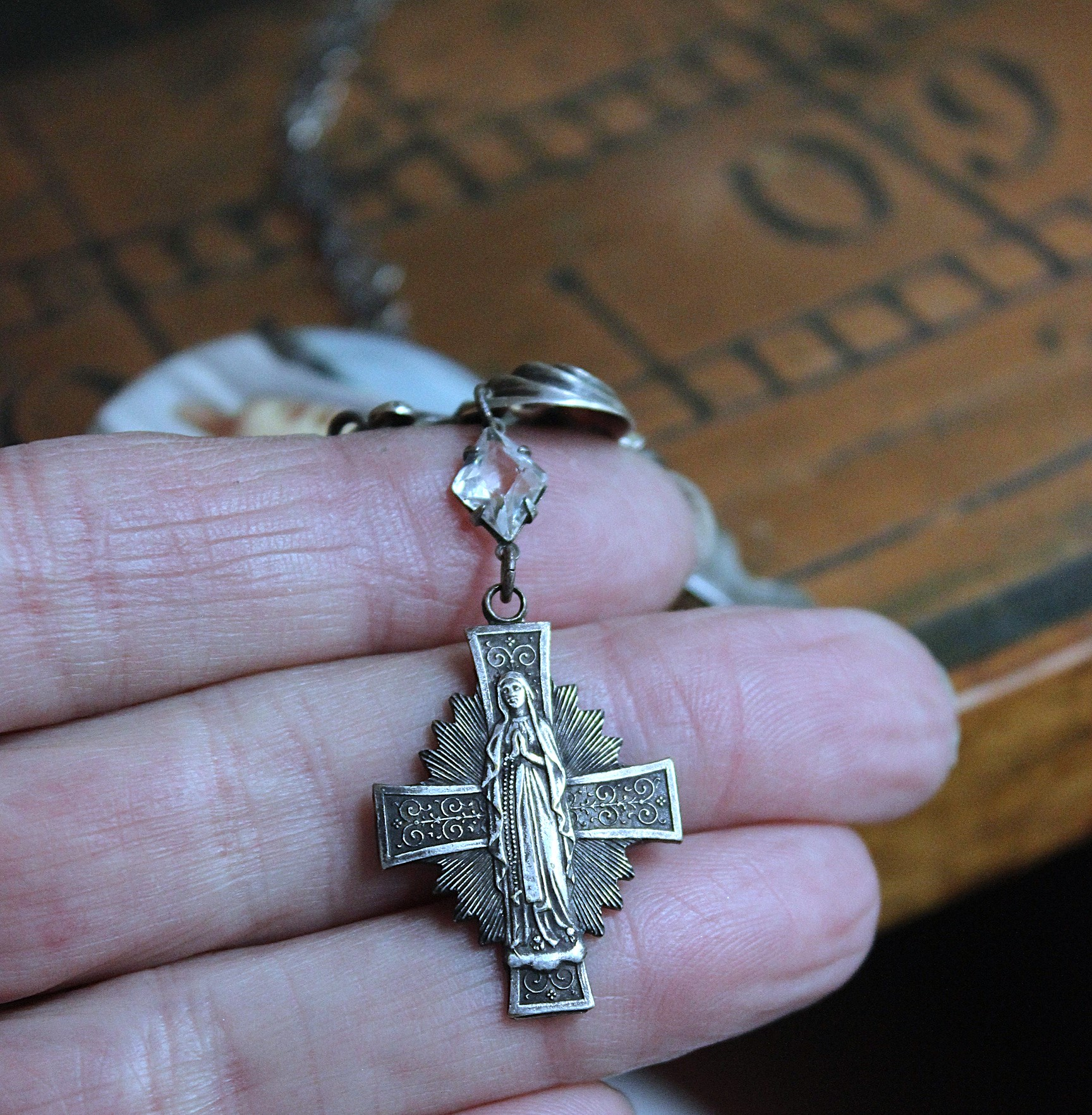 NEW! You Called me Mother Necklace w/Antique Holy Card Glass Pendant,Rare Sterling Antique Thumb Rosary, Rare Antique French Mary Medal & More!