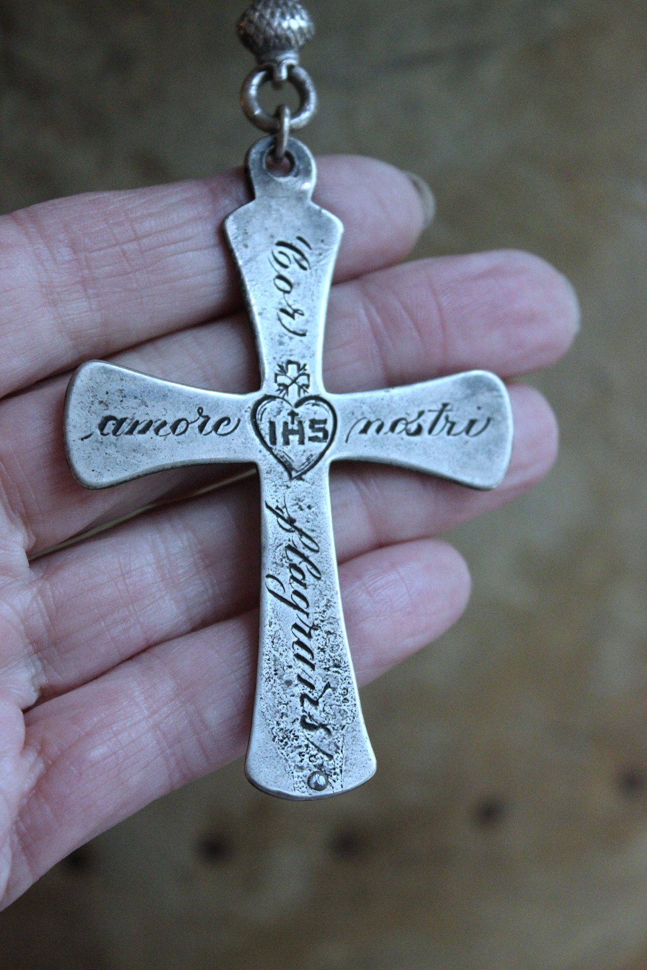 NEW! Rare Engraved Sterling Cross with Antique Sterling Sacred Heart Bead Rosary Chain
