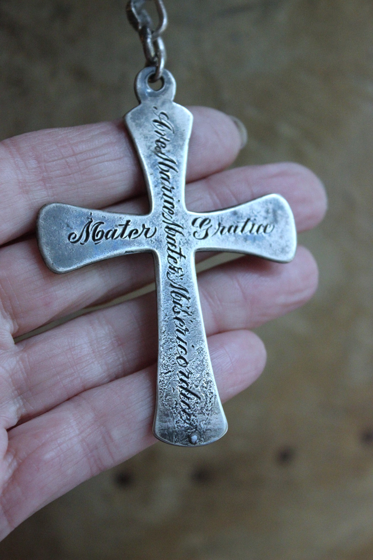 NEW! Rare Engraved Sterling Cross with Antique Sterling Sacred Heart Bead Rosary Chain