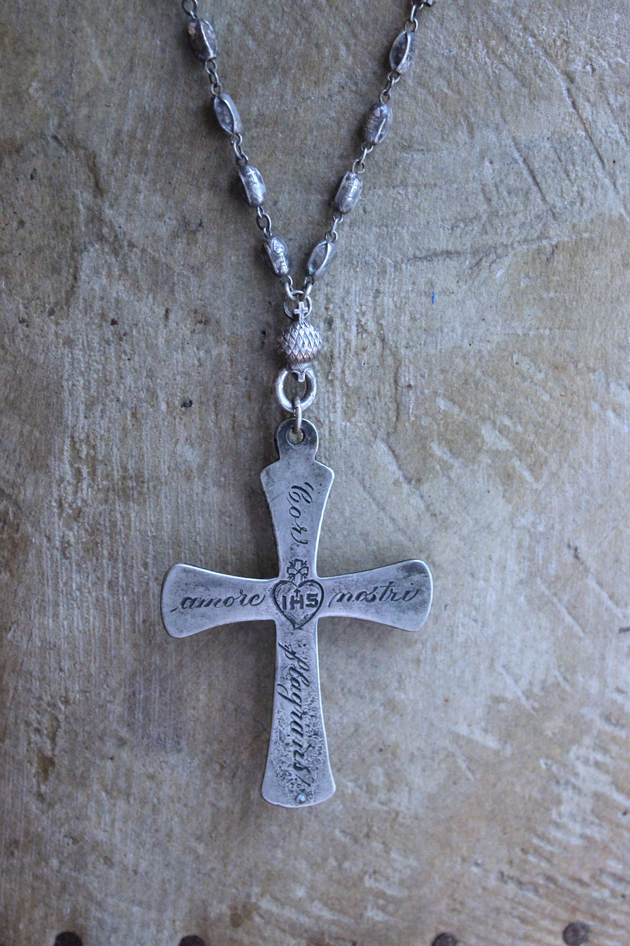 NEW! Rare Engraved Sterling Cross with Antique Sterling Sacred Heart Bead Rosary Chain
