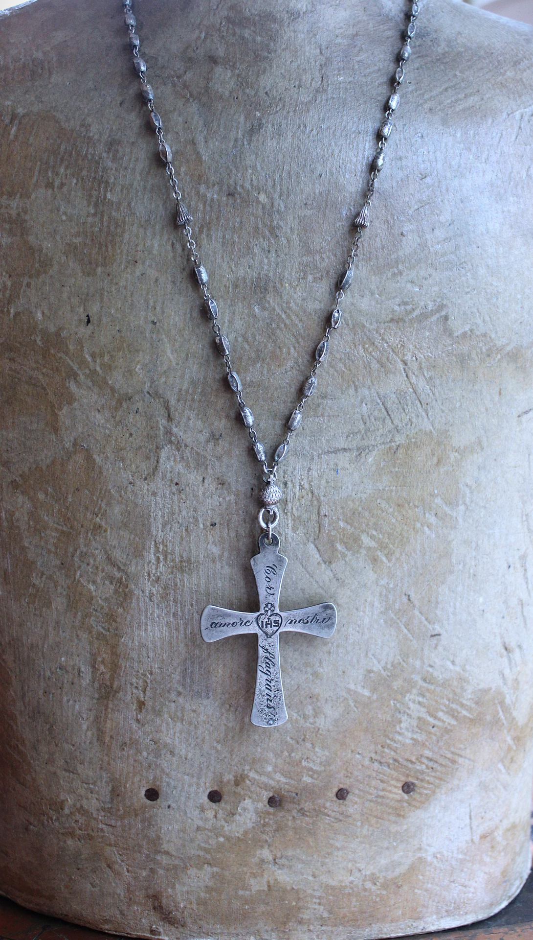NEW! Rare Engraved Sterling Cross with Antique Sterling Sacred Heart Bead Rosary Chain