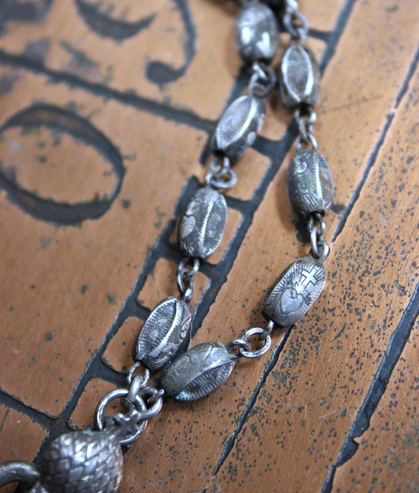 NEW! Rare Engraved Sterling Cross with Antique Sterling Sacred Heart Bead Rosary Chain