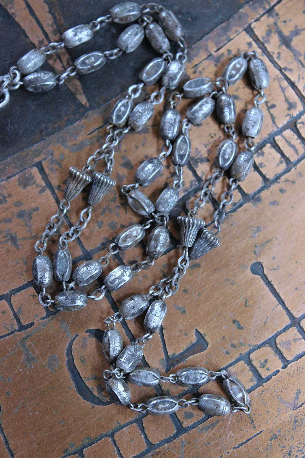 NEW! Rare Engraved Sterling Cross with Antique Sterling Sacred Heart Bead Rosary Chain
