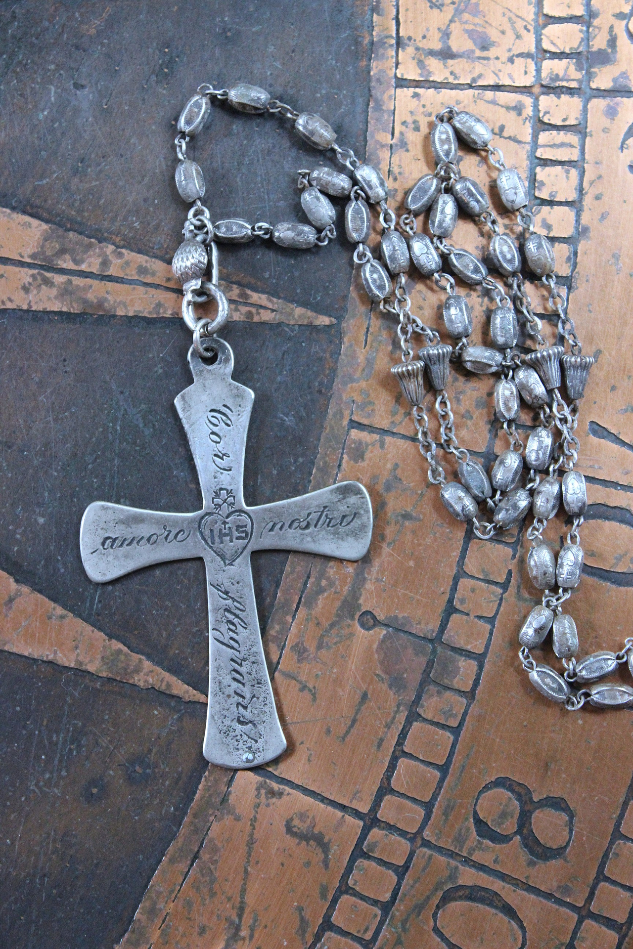 NEW! Rare Engraved Sterling Cross with Antique Sterling Sacred Heart Bead Rosary Chain