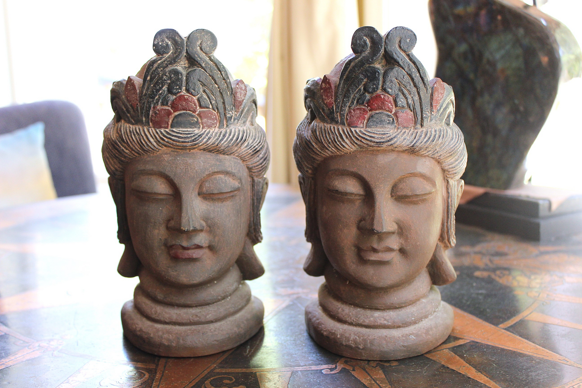 NEW! Heavy Hard Wood Carved & Painted Buddha Bookends
