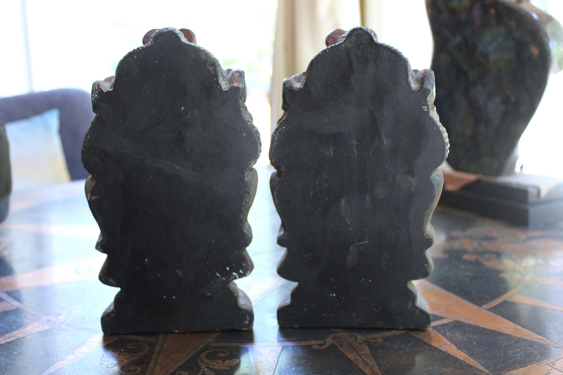 NEW! Heavy Hard Wood Carved & Painted Buddha Bookends
