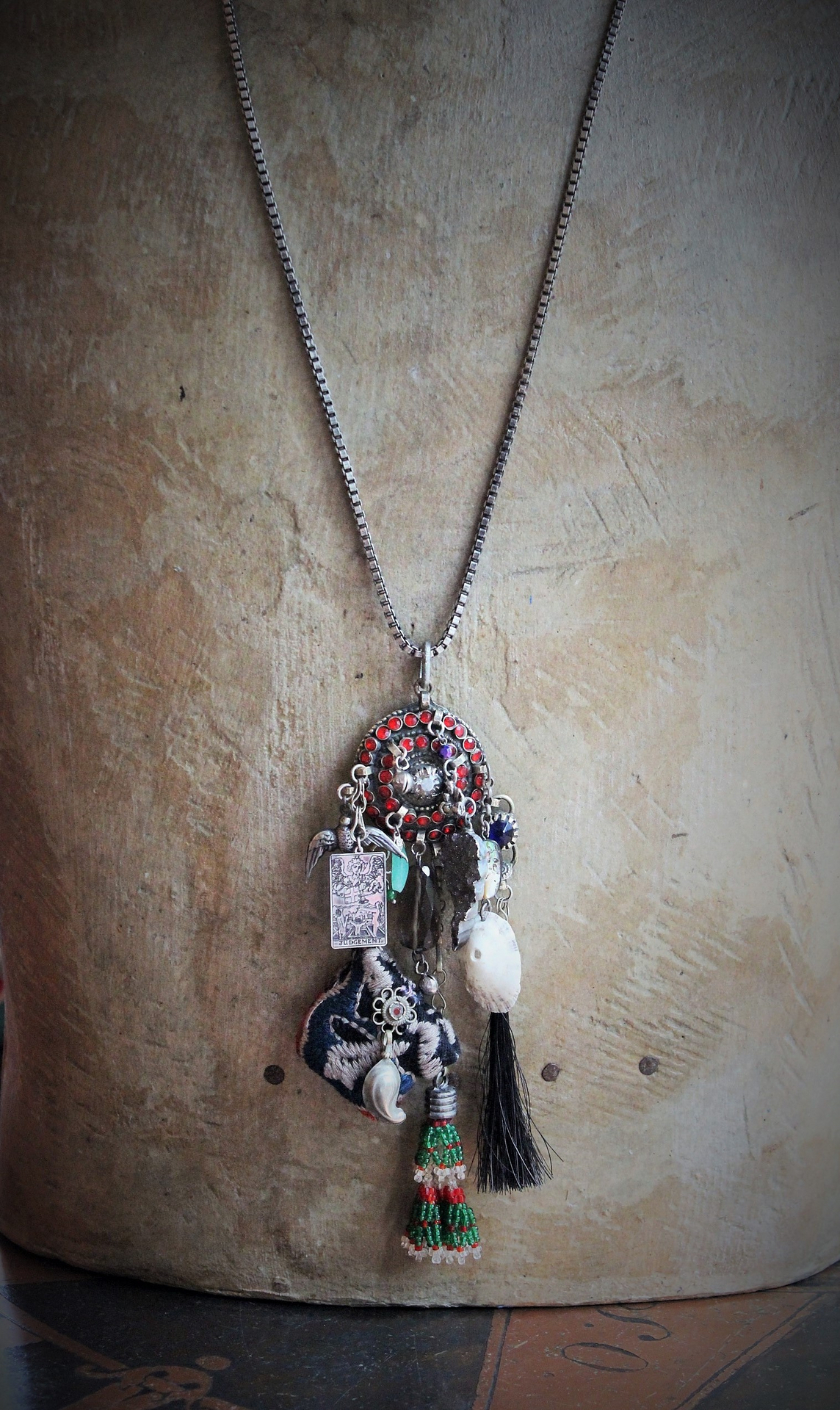 The Awakening Necklace w/Miniature Full 78 Card Tarot Deck,Antique Kuchi Gypsy Findings, Sterling The Judgement Tarot Card,Banjara Bead Tassel+  Much More!